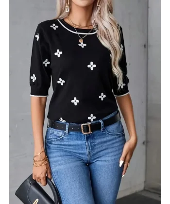 Kadın Kısa Kollu çiçek Desen Bluz