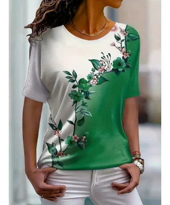 Kadın Kısa Kollu çiçek Desenli Süprem Bluz