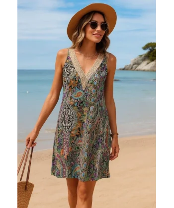 Kadın Kısa Kollu Dantel V Yakalı Desenli Süprem Elbise