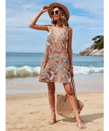 Kadın Kısa Kollu Dantel V Yakalı Desenli Süprem Elbise