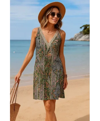 Kadın Kısa Kollu Dantel V Yakalı Desenli Süprem Elbise