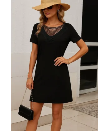 Kadın Kısa Kollu Dantel Yakalı Kısa Viskon Elbise