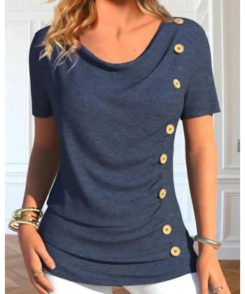 Kadın Kısa Kollu Degaje Yaka Düğme Detay Viskon Bluz