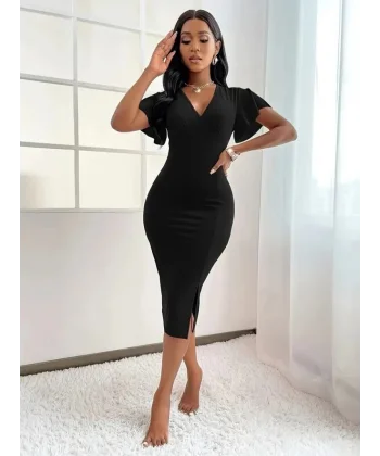 Kadın Kısa Kollu Derin Dekolte V Yakalı Yırtmaçlı Midi Janjan Krep Elbise