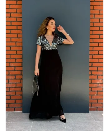 Kadın Kısa Kollu Derin V Yakalı A Kesim Pulpayet Detaylı şifon Nedime Elbisesi