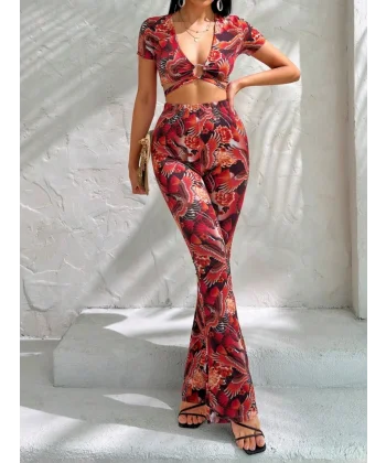 Kadın Kısa Kollu Desenli Takım