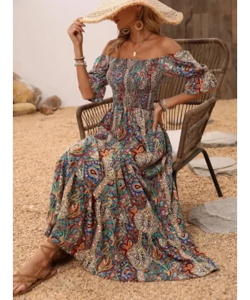 Kadın Kısa Kollu Düşük Omuzlu Beli Büzgülü Dijital Desenli Kesik Elyaf Süprem Uzun Elbise