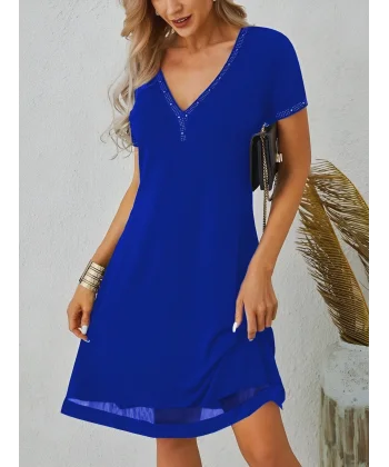 Kadın Kısa Kollu Eteği Tül şeritli Taş Işlemeli V Yaka Viskon Elbise