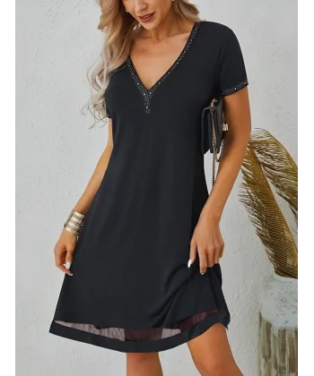 Kadın Kısa Kollu Eteği Tül şeritli Taş Işlemeli V Yaka Viskon Elbise