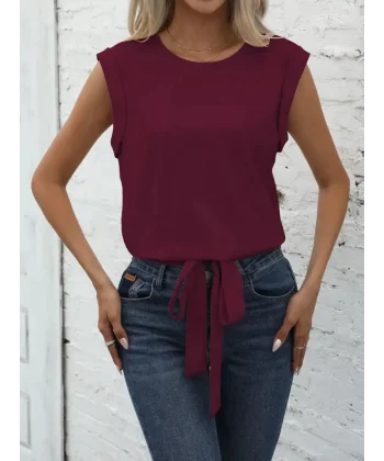 Kadın Kısa Kollu Etek Ucu Bağlama Detay Kolsuz Ithal Krep Bluz