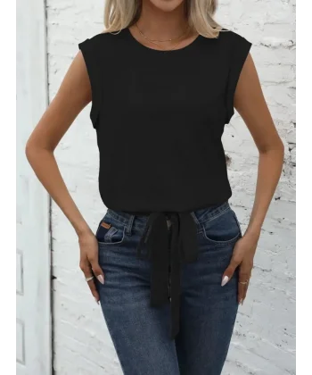 Kadın Kısa Kollu Etek Ucu Bağlama Detay Kolsuz Ithal Krep Bluz