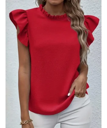 Kadın Kısa Kollu Fırfır Yakalı Bürümcük Bluz