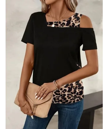 Kadın Kısa Kollu Geometrik Kesin Detaylı çift Renkli Viskon Bluz