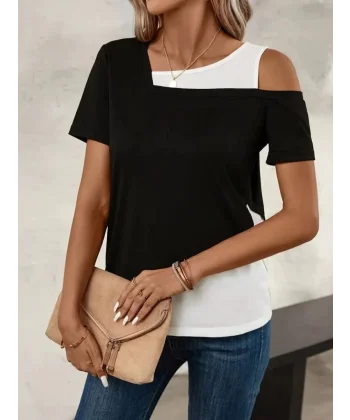 Kadın Kısa Kollu Geometrik Kesin Detaylı çift Renkli Viskon Bluz