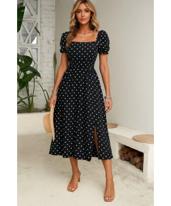 Kadın Kısa Kollu Geometrik Yaka Yırtmaçlı Puantiyeli Midi örme Krep Elbise