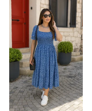 Kadın Kısa Kollu Gipe Detaylı Desenli Midi Süprem Elbise