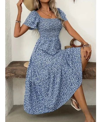 Kadın Kısa Kollu Gipe Detaylı Desenli Midi Süprem Elbise