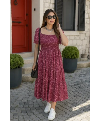 Kadın Kısa Kollu Gipe Detaylı Desenli Midi Süprem Elbise