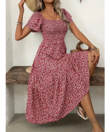 Kadın Kısa Kollu Gipe Detaylı Desenli Midi Süprem Elbise