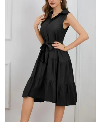 Kadın Kısa Kollu Gömlek Yaka Düğmeli Beli Kuşaklı Katlı Dokuma Midi Elbise