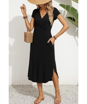 Kadın Kısa Kollu Hakim V Yaka Viskon Elbise