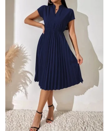 Kadın Kısa Kollu Hakim V Yakalı Pileli Janjan Krep Elbise