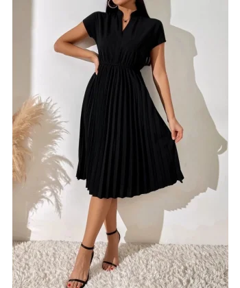 Kadın Kısa Kollu Hakim V Yakalı Pileli Janjan Krep Elbise