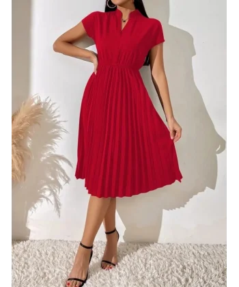 Kadın Kısa Kollu Hakim V Yakalı Pileli Janjan Krep Elbise
