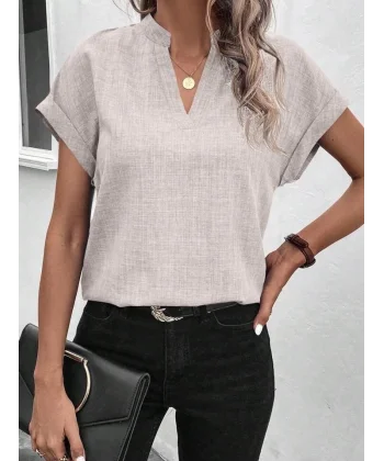Kadın Kısa Kollu Hakim Yaka Keten Bluz