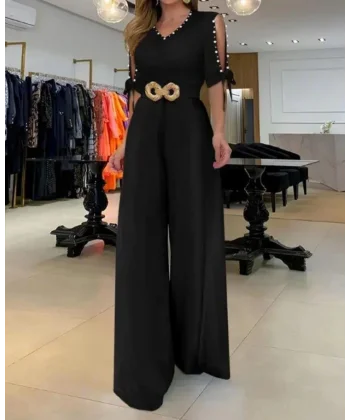 Kadın Kısa Kollu Inci Detay Kemer Dahil Tulum