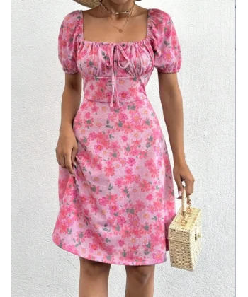 Kadın Kısa Kollu ini çiçek Baskılı Bağcık Detay üprem idi Boy Elbise