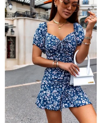 Kadın Kısa Kollu Kalp Yaka çiçek Desenli Krep Elbise