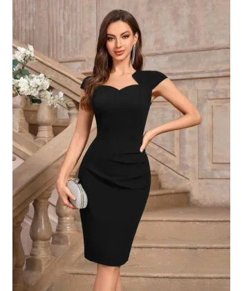 Kadın Kısa Kollu Kalp Yaka Drape Detay Ithal Krep Elbise