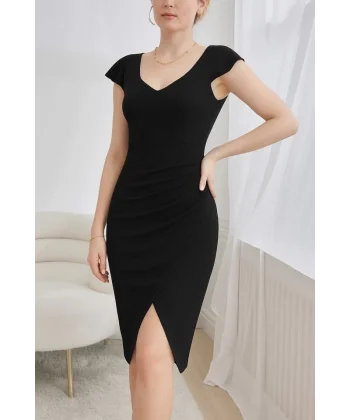 Kadın Kısa Kollu Kalp Yaka Yanlardan Büzgü Detay Midi Janjan Krep Elbise