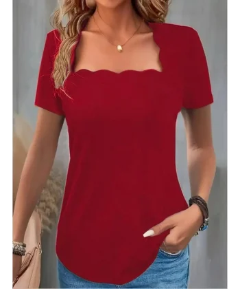 Kadın Kısa Kollu Kare Lazer Yakalı Janjan Krep Bluz