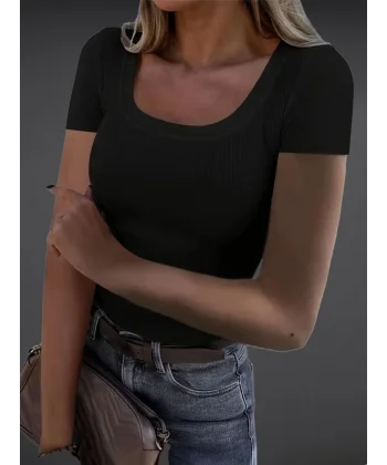 Kadın Kısa Kollu Kare Yaka Basic Kaşkorse Bluz