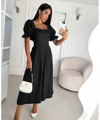 Kadın Kısa Kollu Kare Yaka idi Boy Trikoton Kumaş Elbise