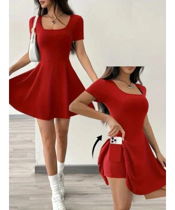 Kadın Kısa Kollu Kare Yaka Short Detaylı Cepli Dalgıç Elbise