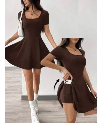 Kadın Kısa Kollu Kare Yaka Short Detaylı Cepli Dalgıç Elbise