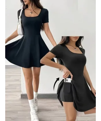 Kadın Kısa Kollu Kare Yaka Short Detaylı Cepli Dalgıç Elbise