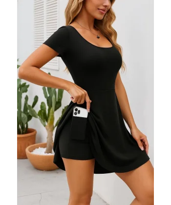 Kadın Kısa Kollu Kare Yaka Short Detaylı Cepli Dalgıç Elbise