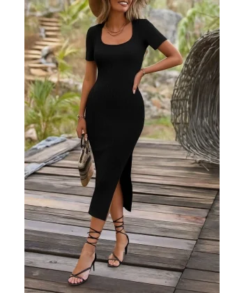 Kadın Kısa Kollu Kare Yaka Yandan Yırtmaçlı Fitilli Kaşkorse Elbise