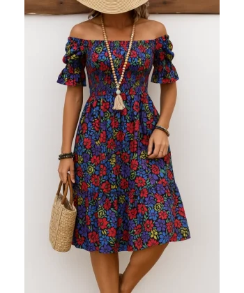 Kadın Kısa Kollu Kare Yakalı Beli Lastikli çiçek Desenli Mini Süprem Elbise
