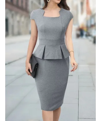 Kadın Kısa Kollu Kare Yakalı Ithal Krep Elbise