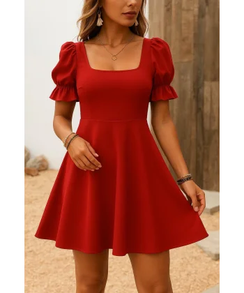 Kadın Kısa Kollu Kare Yakalı Kiloş Ithal Krep Elbise