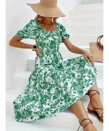 Kadın Kısa Kollu Kare Yakalı Lastikli Desenli Süprem Elbise