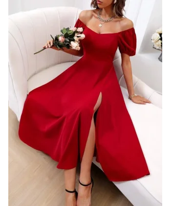 Kadın Kısa Kollu Kare Yakalı Yırtmaçlı Midi Janjan Krep Elbise