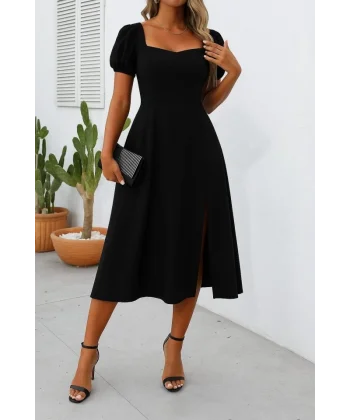 Kadın Kısa Kollu Kare Yakalı Yırtmaçlı Midi Janjan Krep Elbise