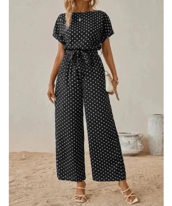 Kadın Kısa Kollu Kayık Yaka Belden Kuşaklı örme Krep Tulum