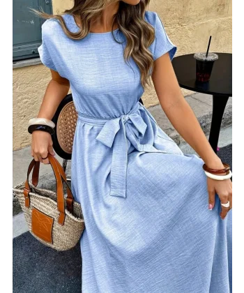 Kadın Kısa Kollu Kayık Yaka Beli Kuşaklı Aerobin Elbise